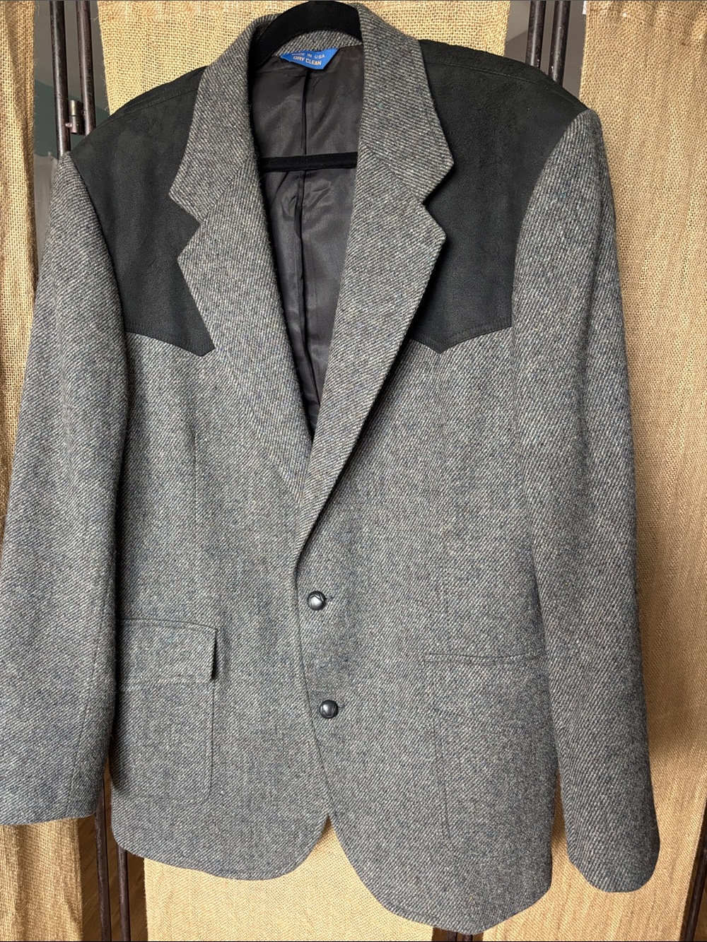 Pendleton Gray Herringbone Blazer with Black Suede Yoke and Elbow Patches 44L